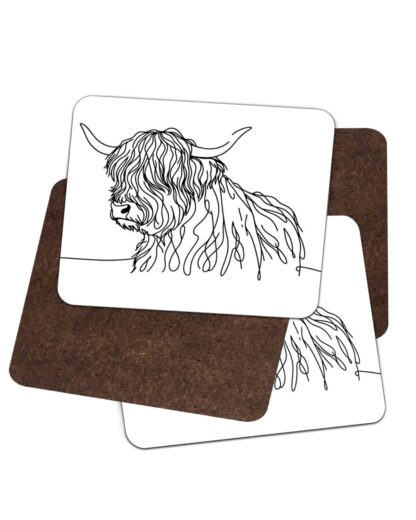 Highland cow line art 4 Pack Hardboard Placemat - Image 2