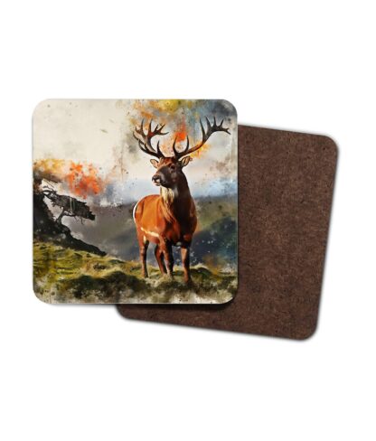 Highland Deer digital watercolour splatter 4 Pack Hardboard Coaster