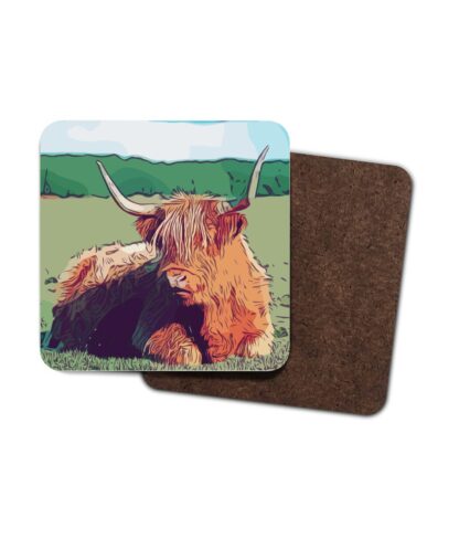 Highland cow digital artwork in bold colours 4 Pack Hardboard Coaster