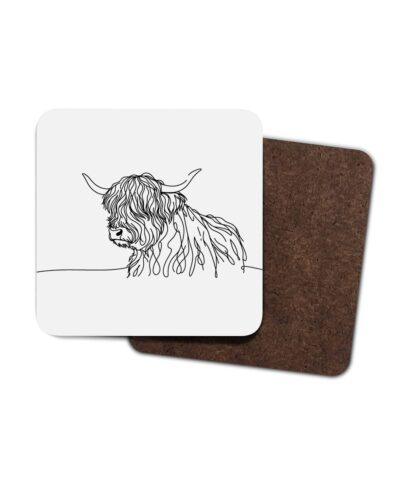 Highland cow digital fine line artwork 4 Pack Hardboard Coaster