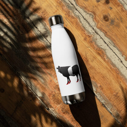 Belted Galloway cow with red high heels Stainless steel water bottle